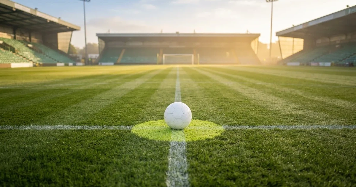 A ball on the centre spot of a grass pitch in morning light