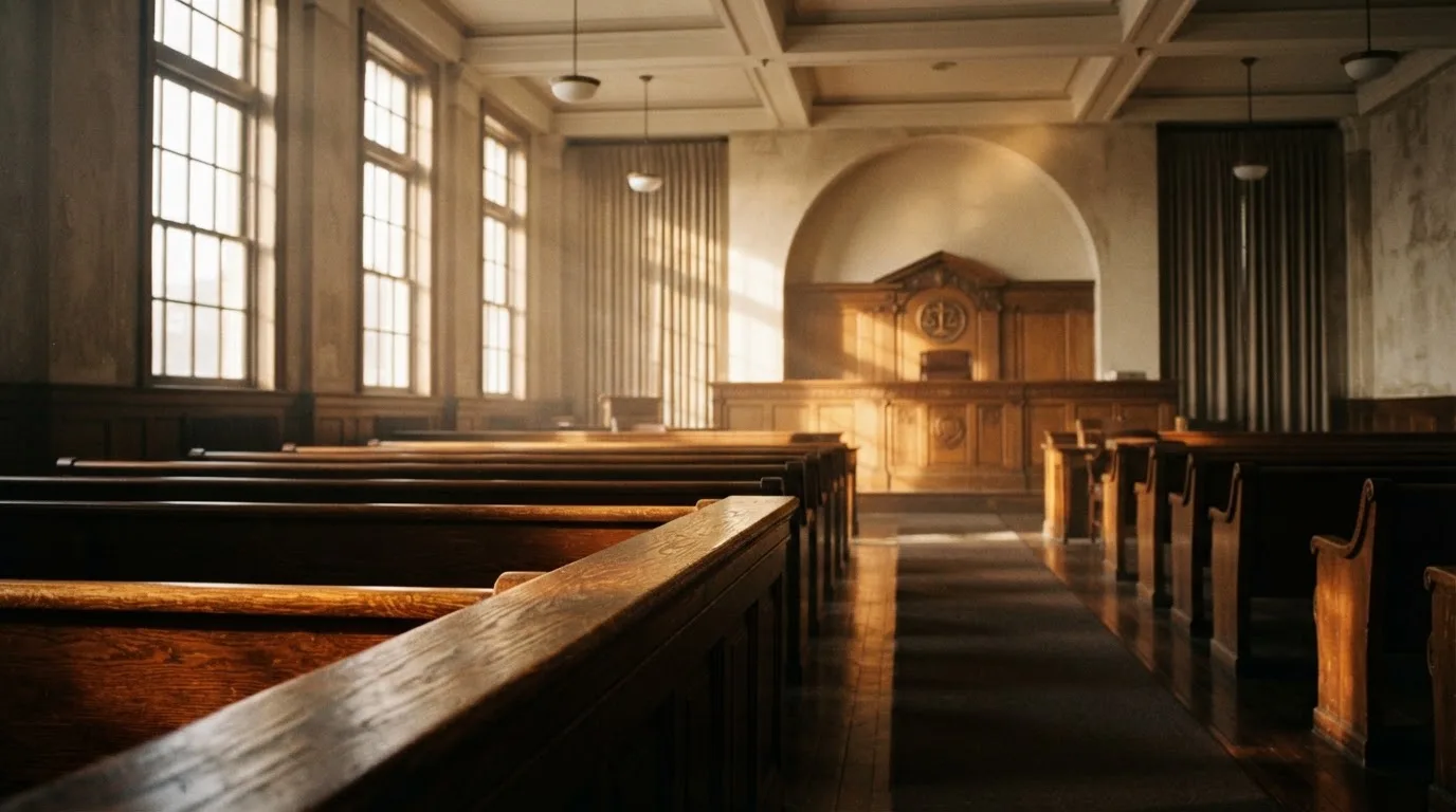 An empty courtroom with wooden benches in morning light