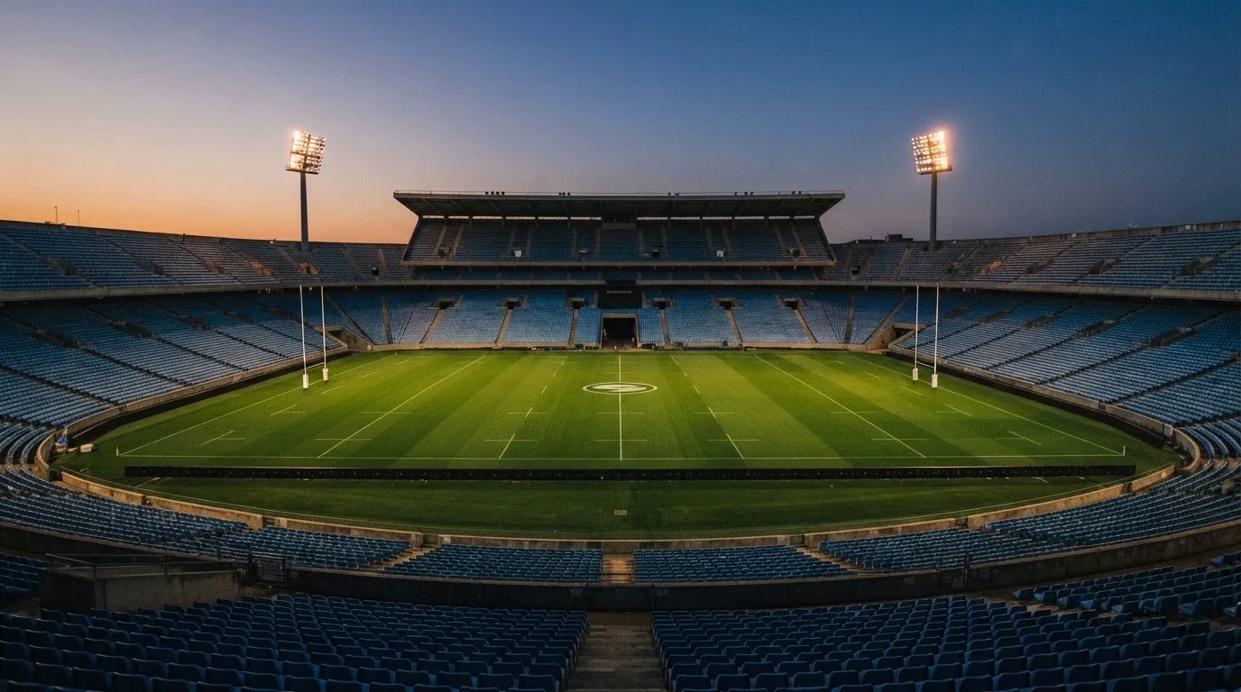 An empty football stadium with floodlight masts at dusk