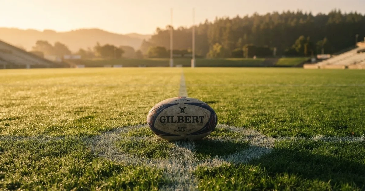 A ball on the centre spot of a grass pitch in morning light