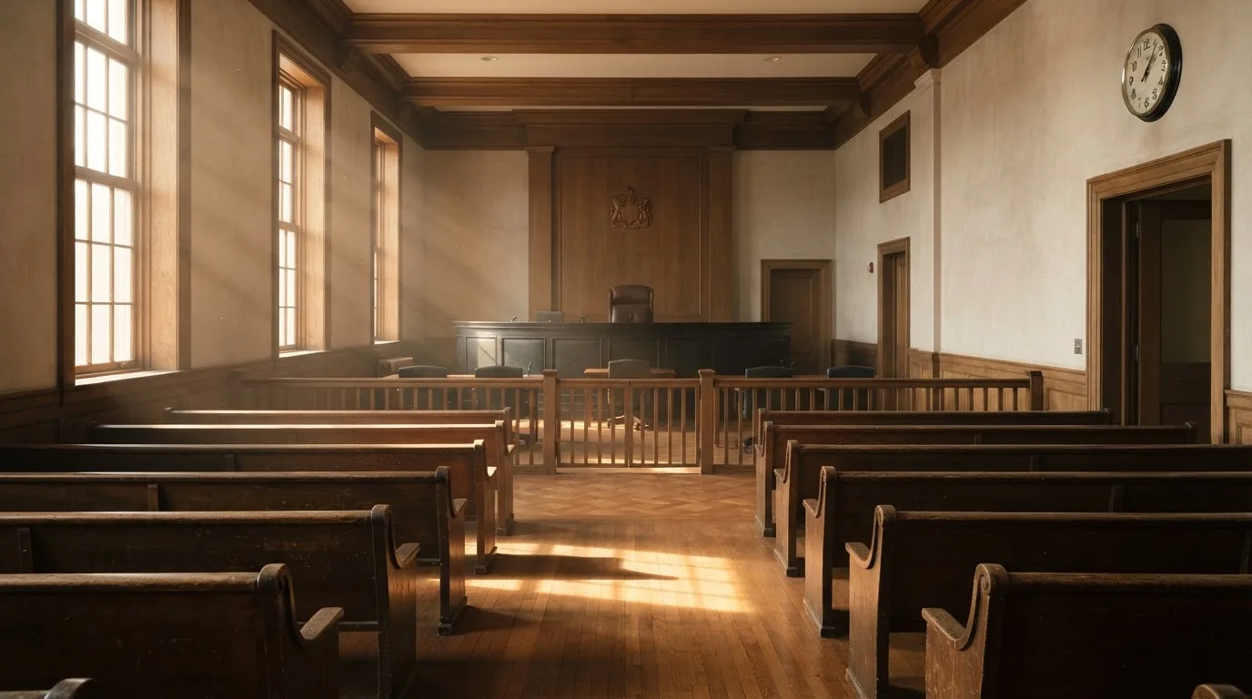 An empty courtroom with wooden benches in morning light