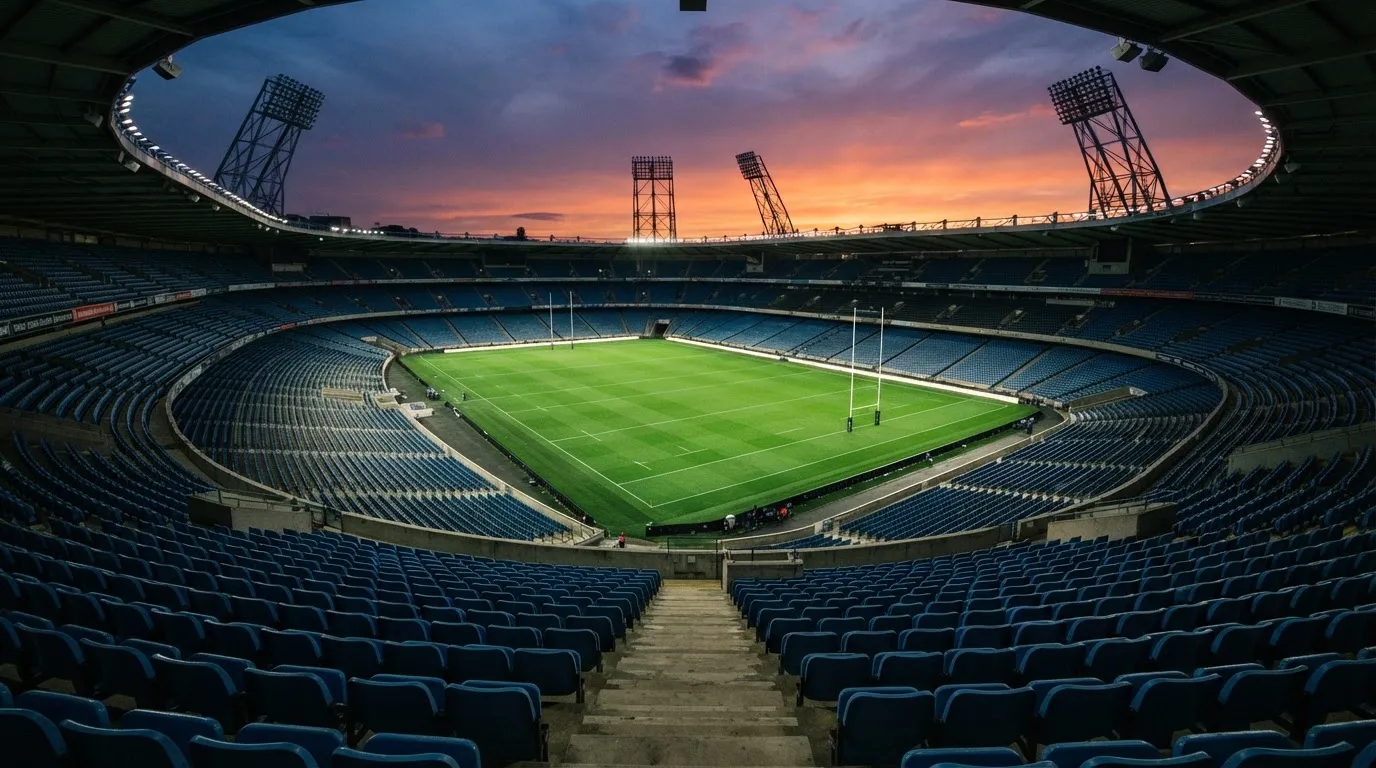 An empty football stadium with floodlight masts at dusk