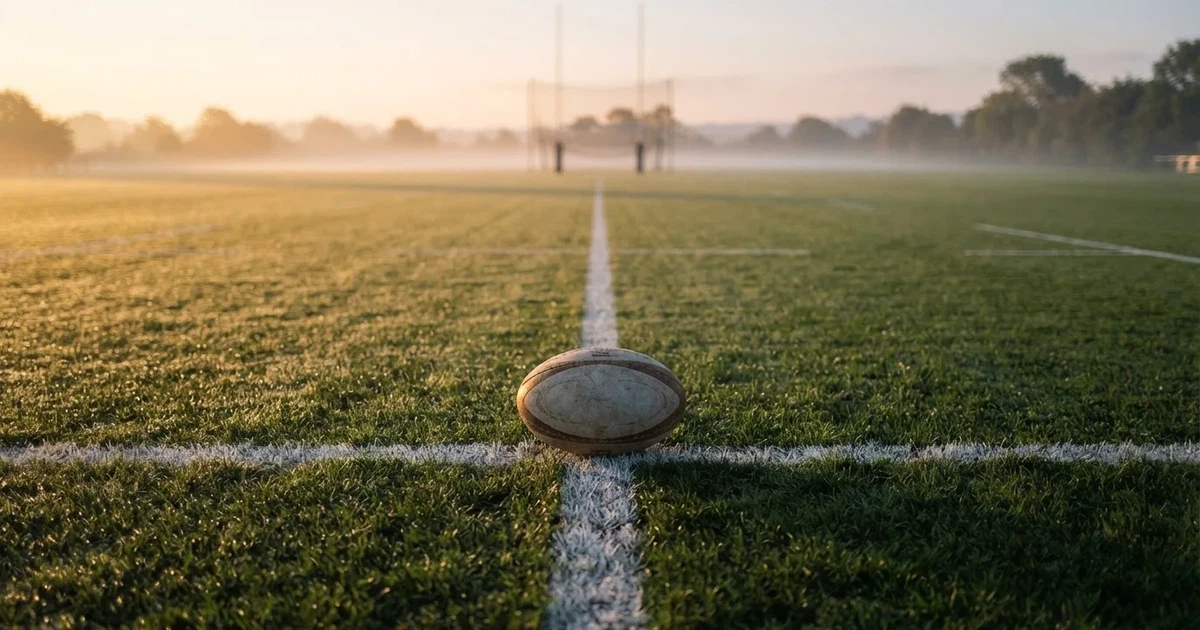 A ball on the centre spot of a grass pitch in morning light