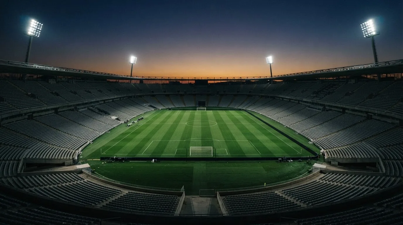 An empty football stadium with floodlight masts at dusk