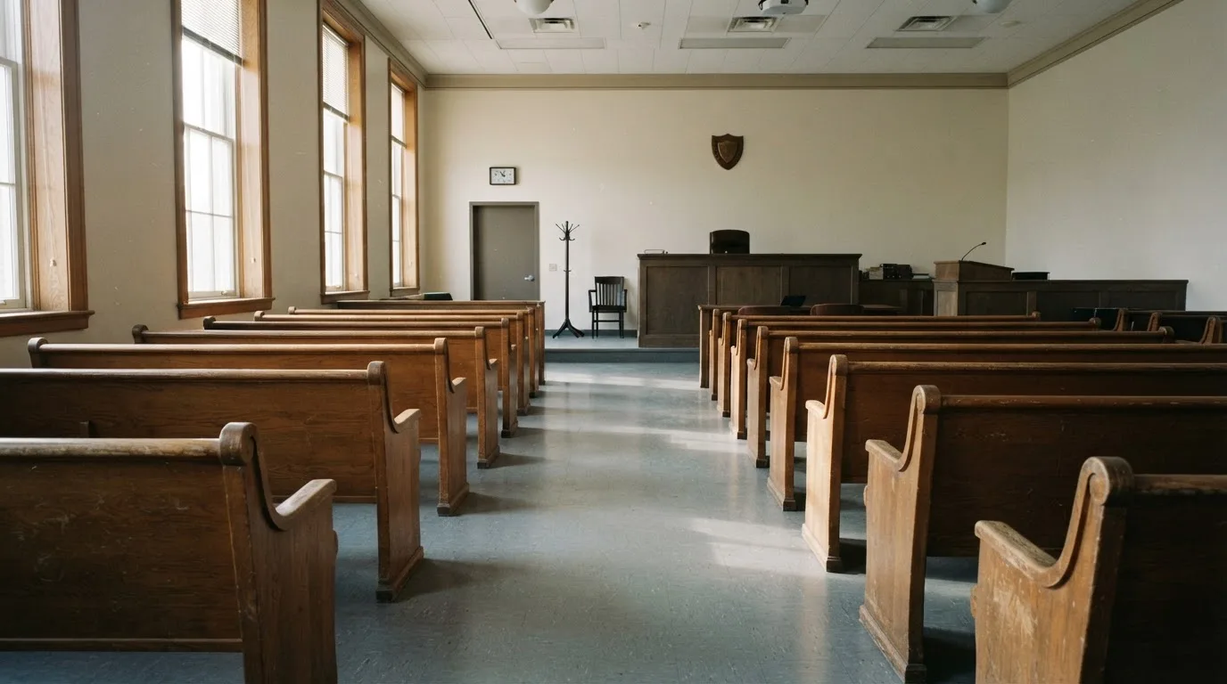 An empty courtroom with wooden benches in morning light