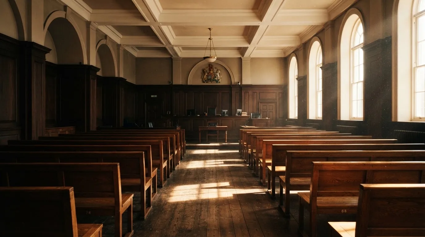 An empty courtroom with wooden benches in morning light
