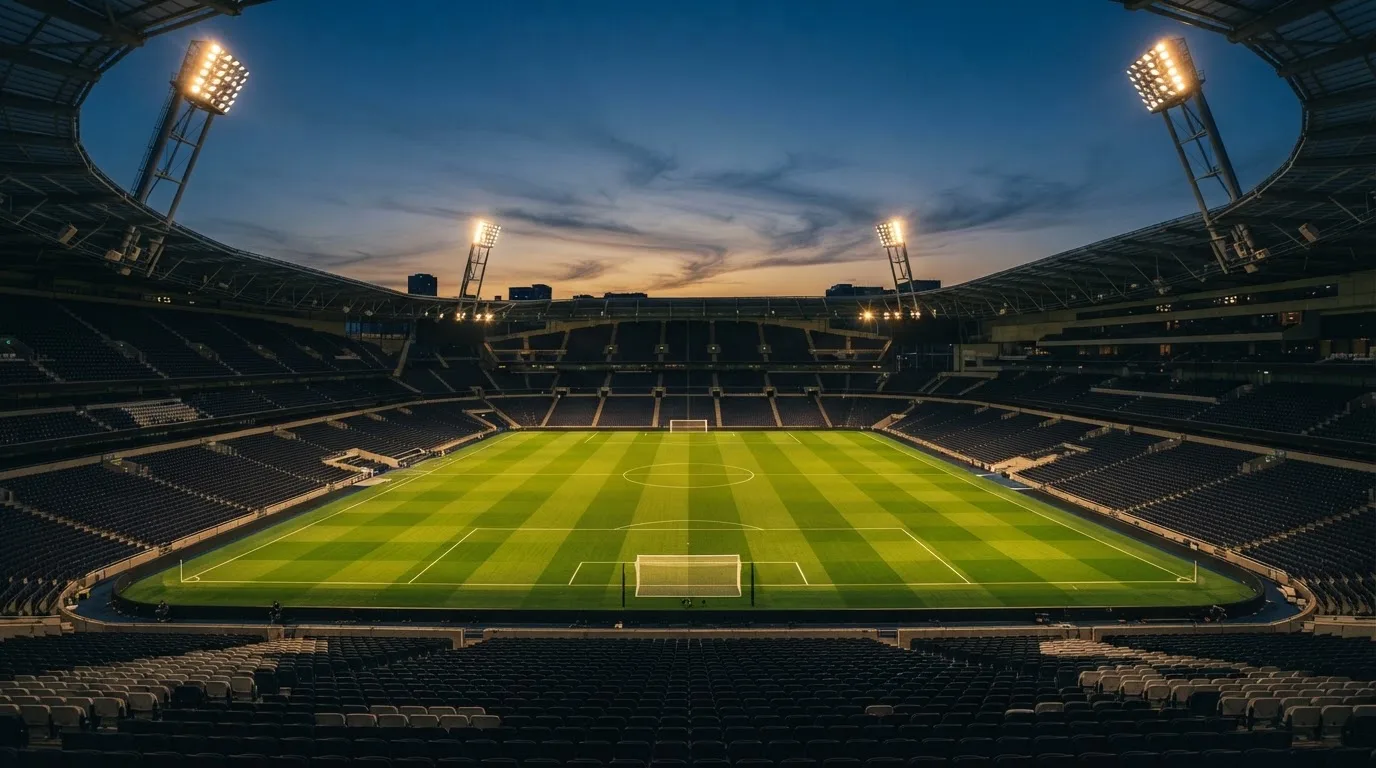 An empty football stadium with floodlight masts at dusk