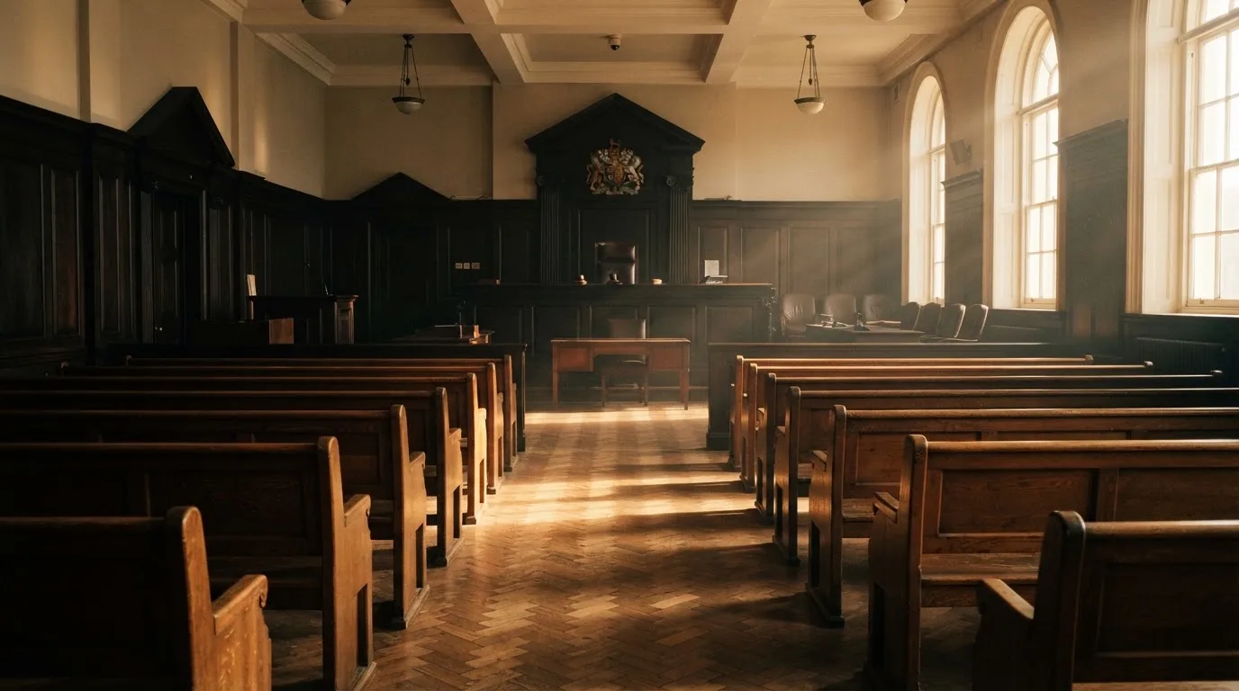 An empty courtroom with wooden benches in morning light