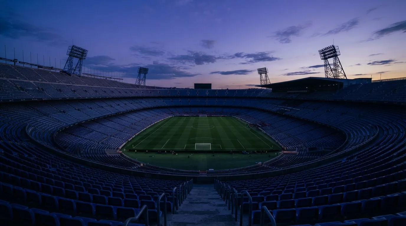 An empty football stadium with floodlight masts at dusk
