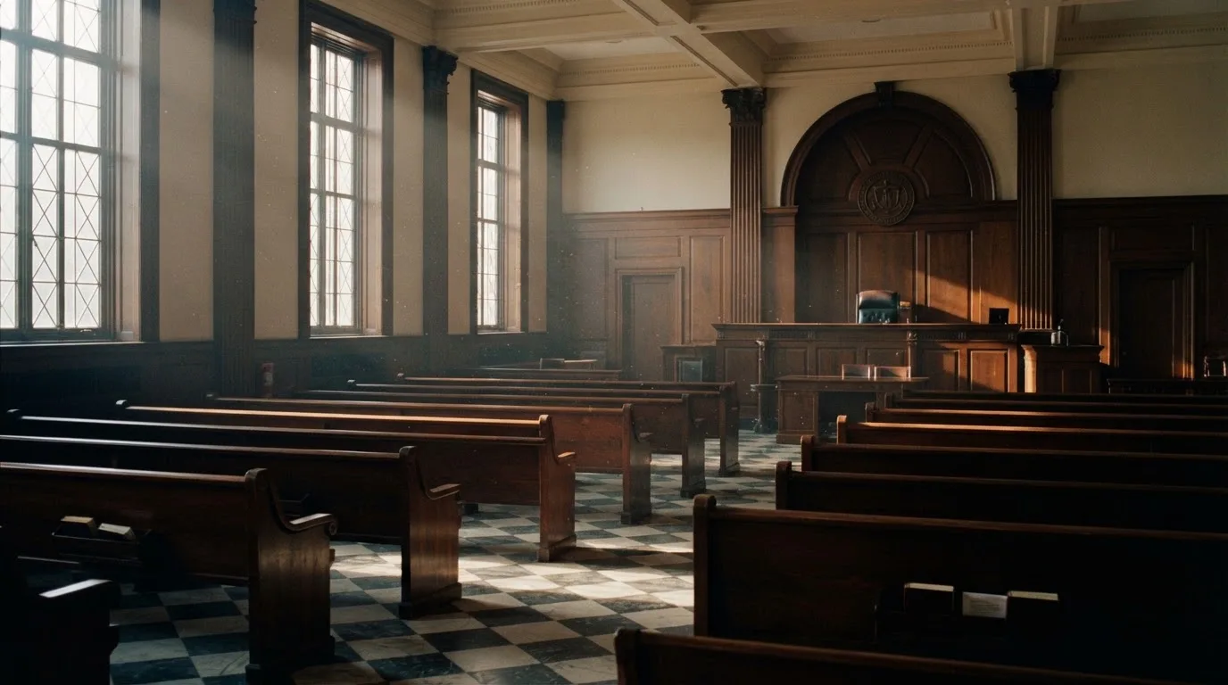 An empty courtroom with wooden benches in morning light