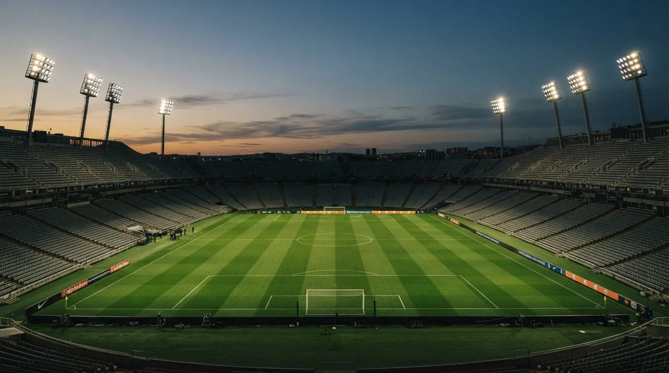 An empty football stadium with floodlight masts at dusk