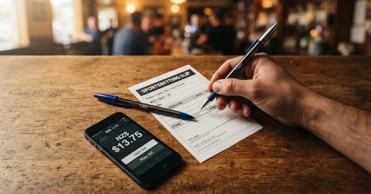 A blank paper betting slip beside a pen on a wooden counter