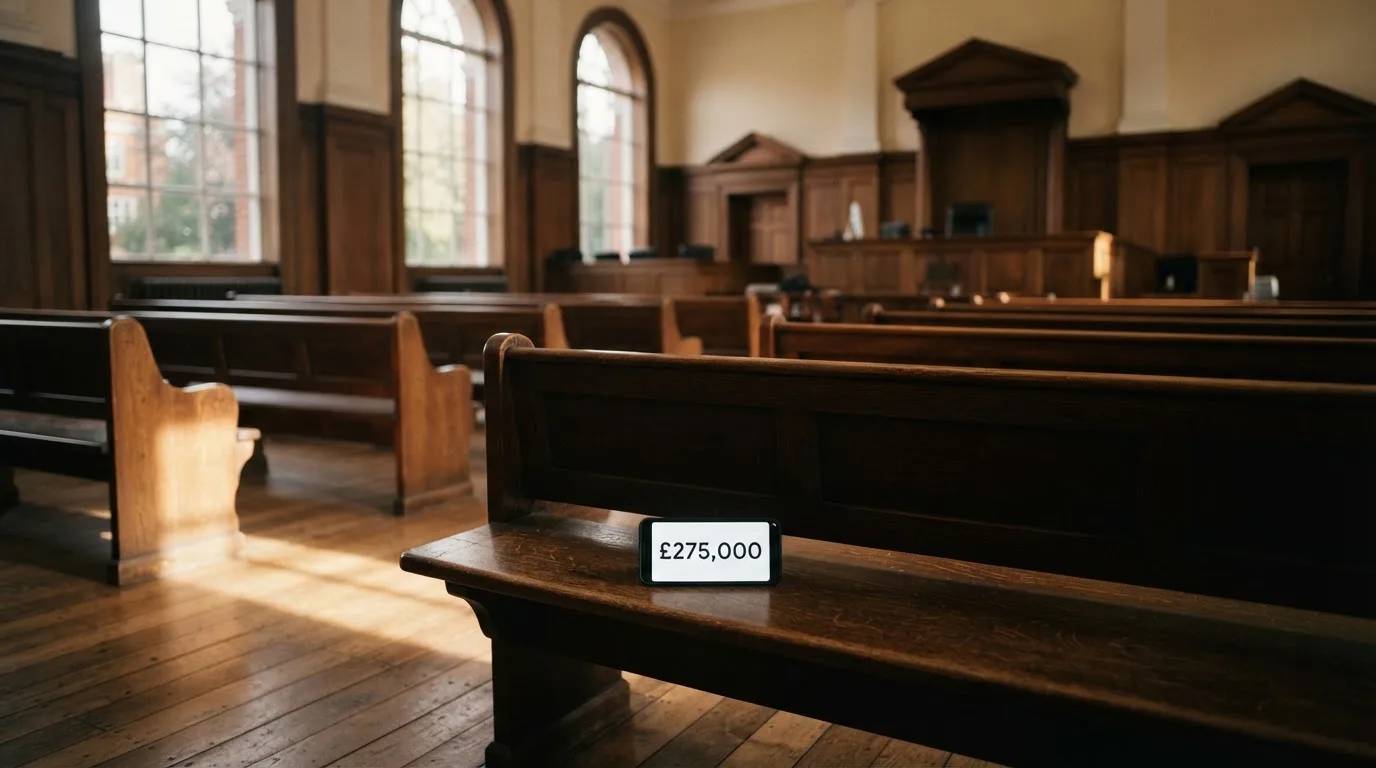 An empty courtroom with wooden benches in morning light