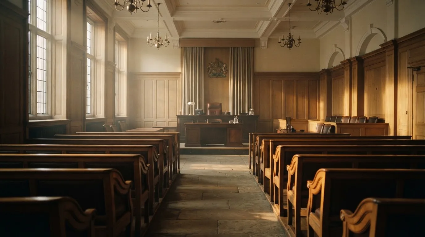 An empty courtroom with wooden benches in morning light