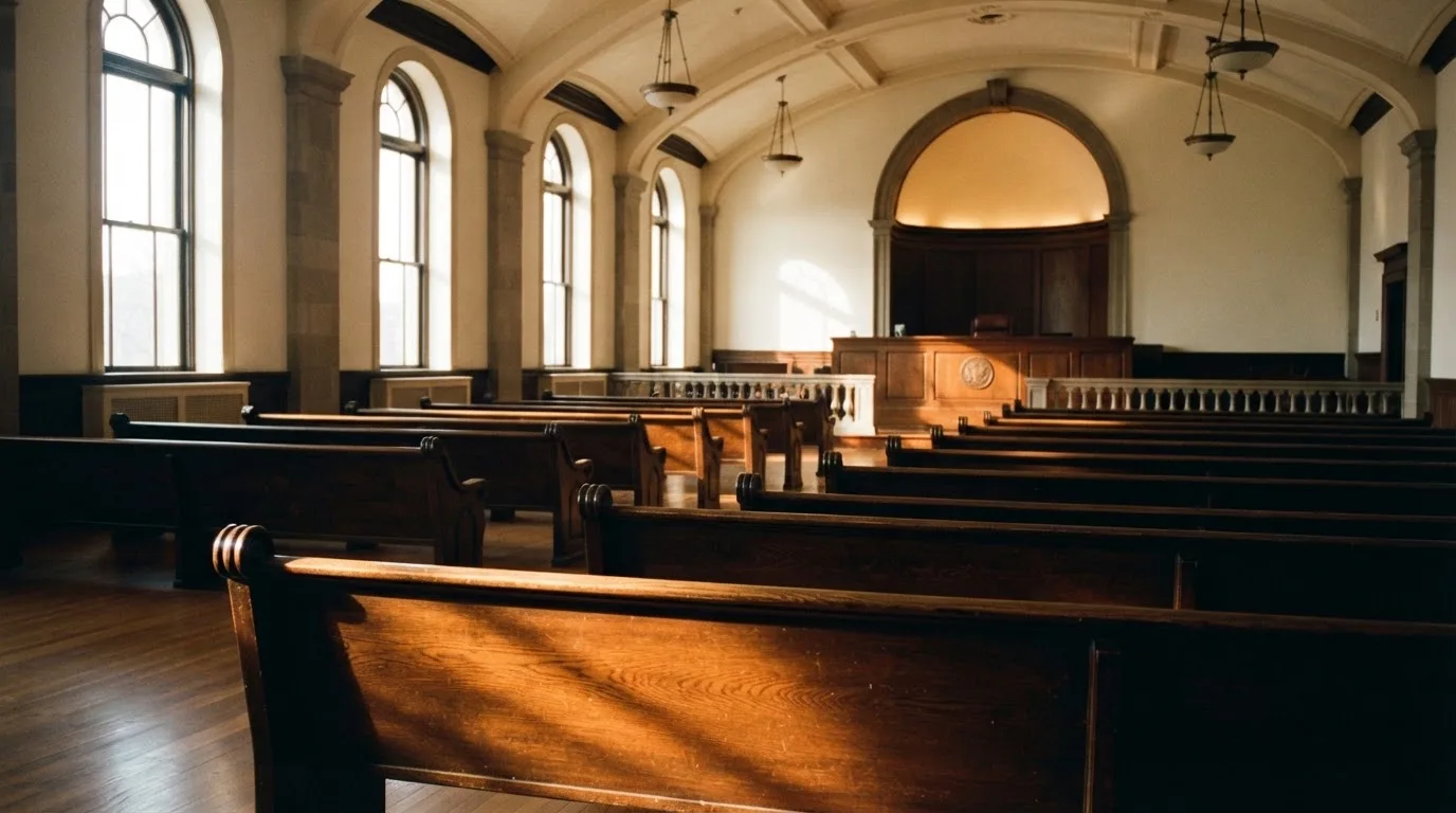 An empty courtroom with wooden benches in morning light