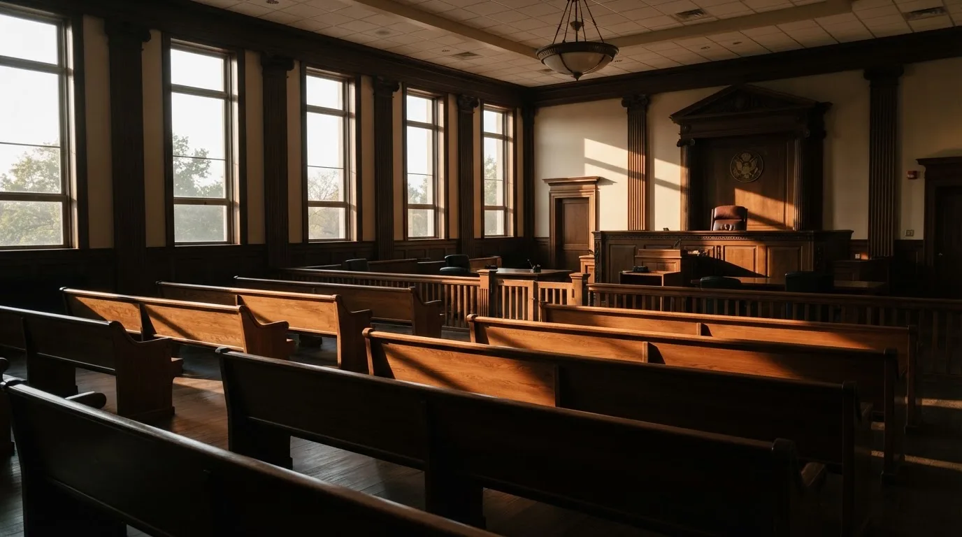An empty courtroom with wooden benches in morning light