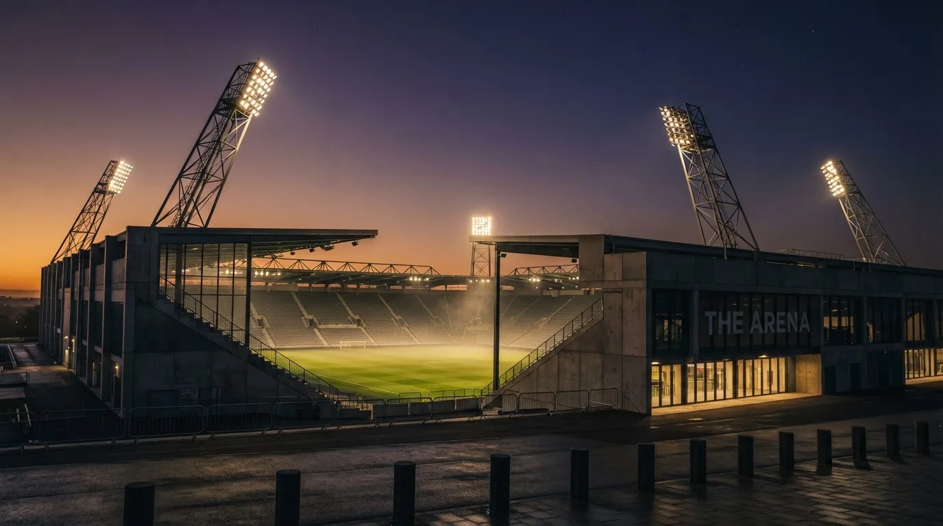 An empty football stadium with floodlight masts at dusk