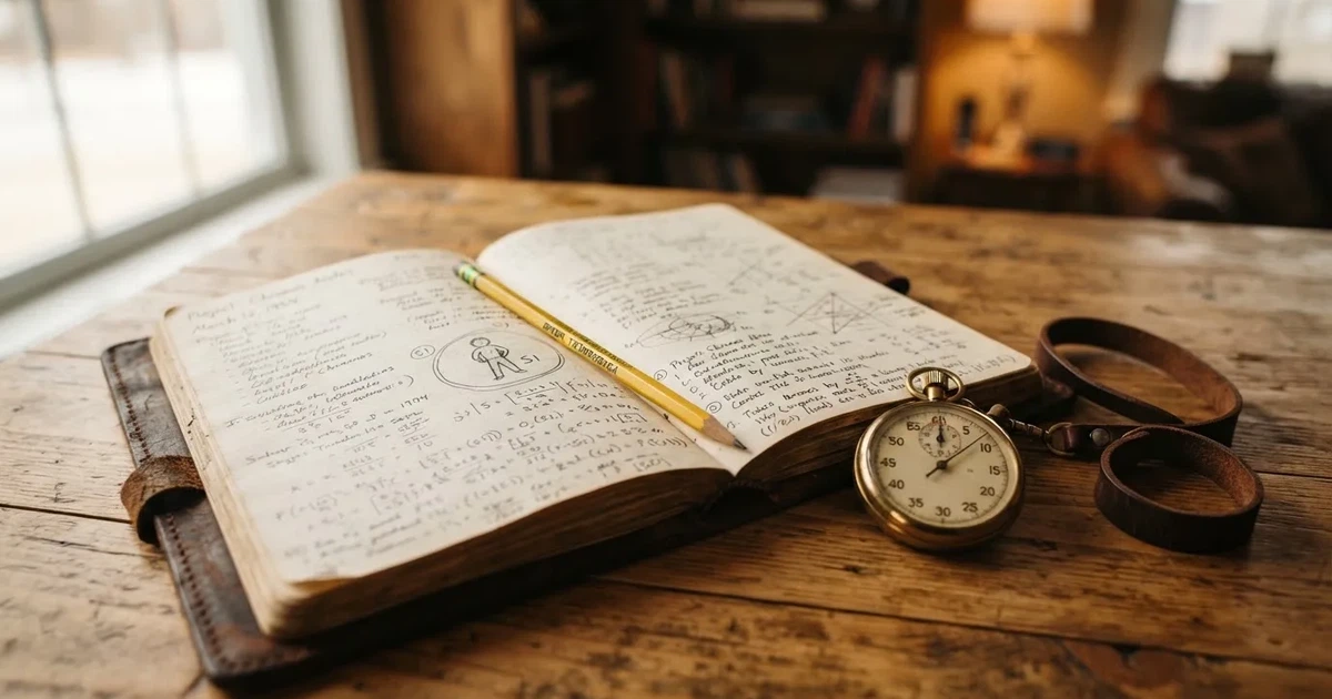An open notebook with a pencil and a stopwatch on a wooden table