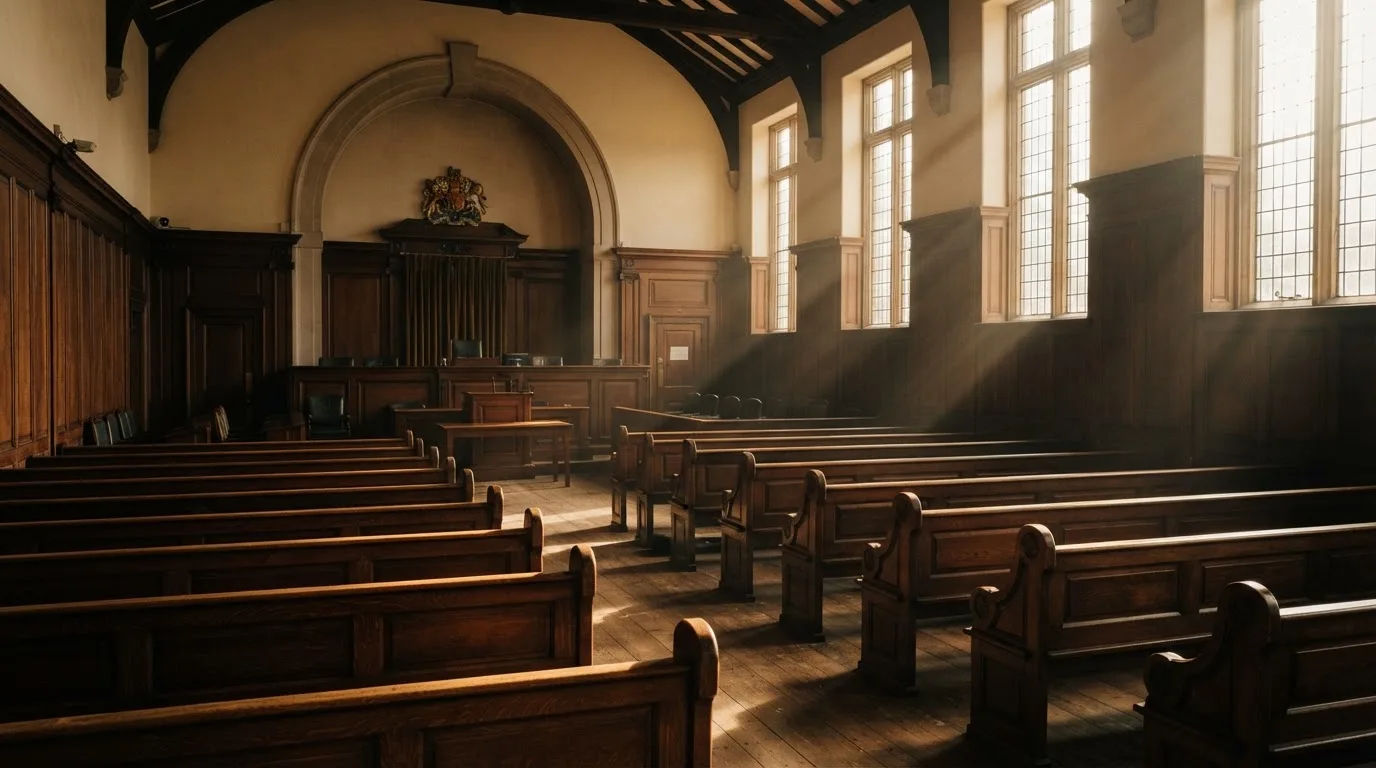 An empty courtroom with wooden benches in morning light