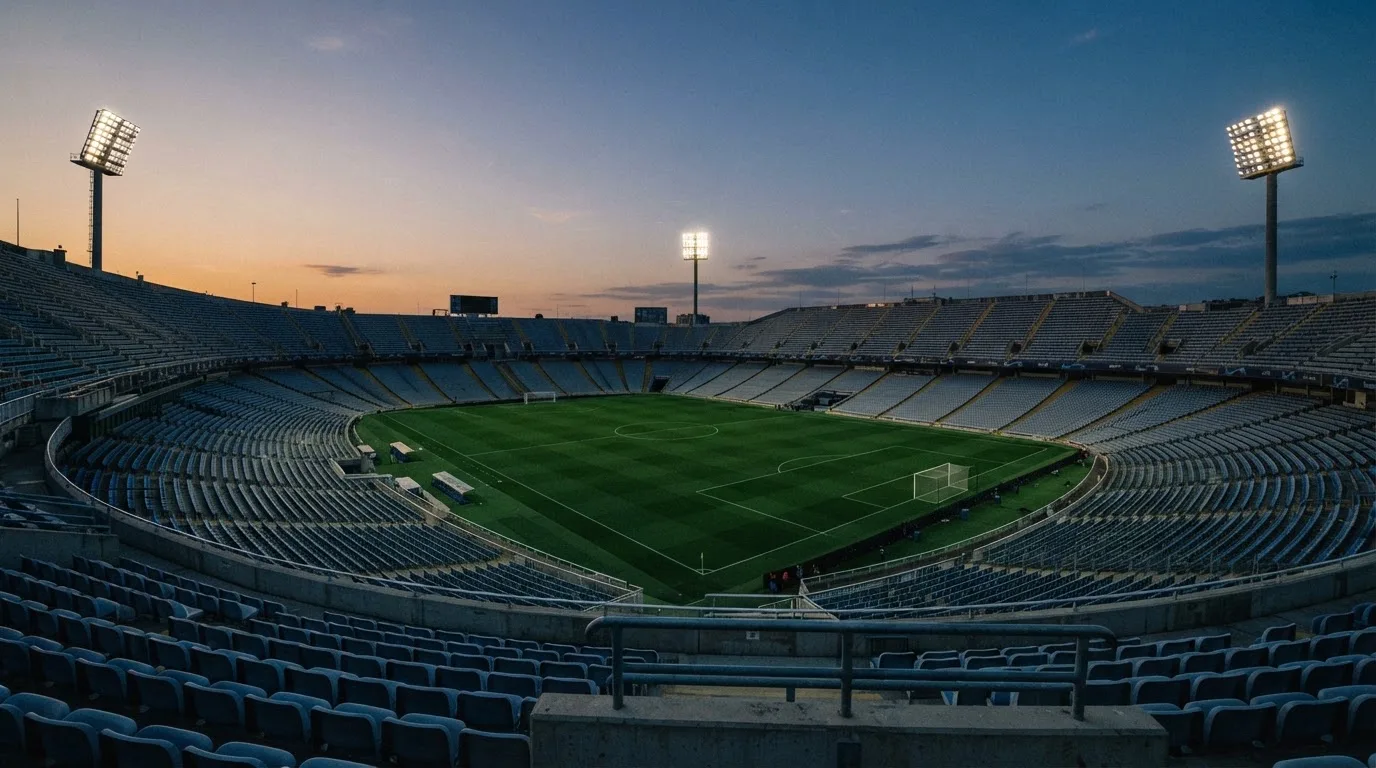 An empty football stadium with floodlight masts at dusk