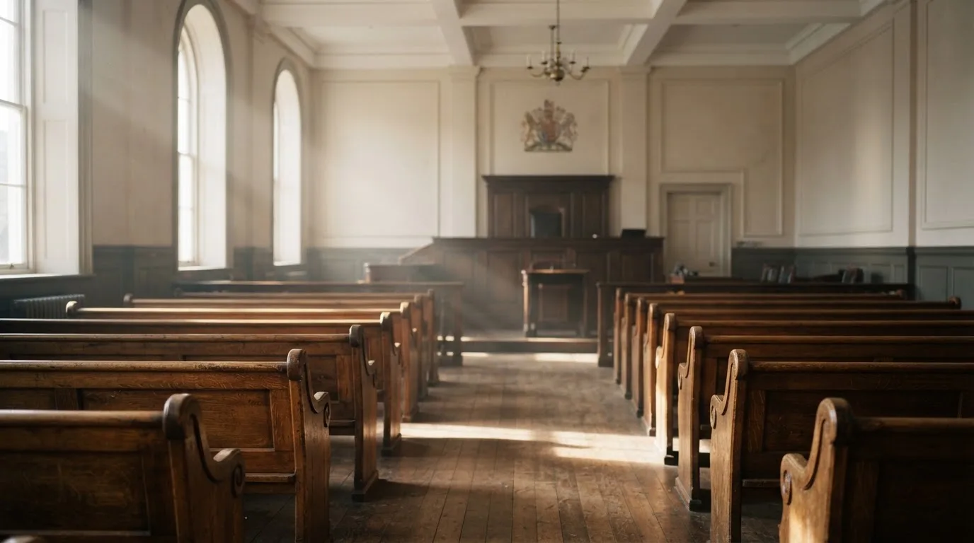 An empty courtroom with wooden benches in morning light