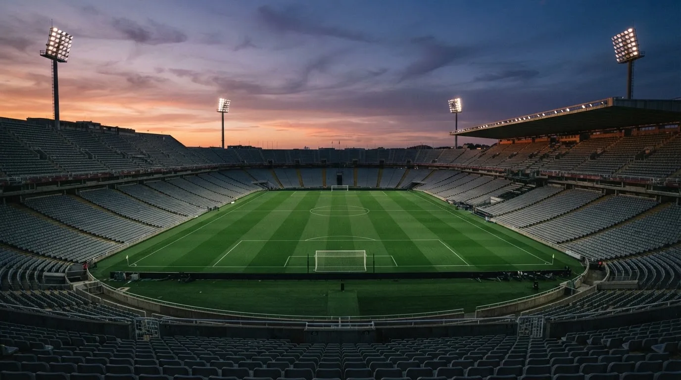 An empty football stadium with floodlight masts at dusk