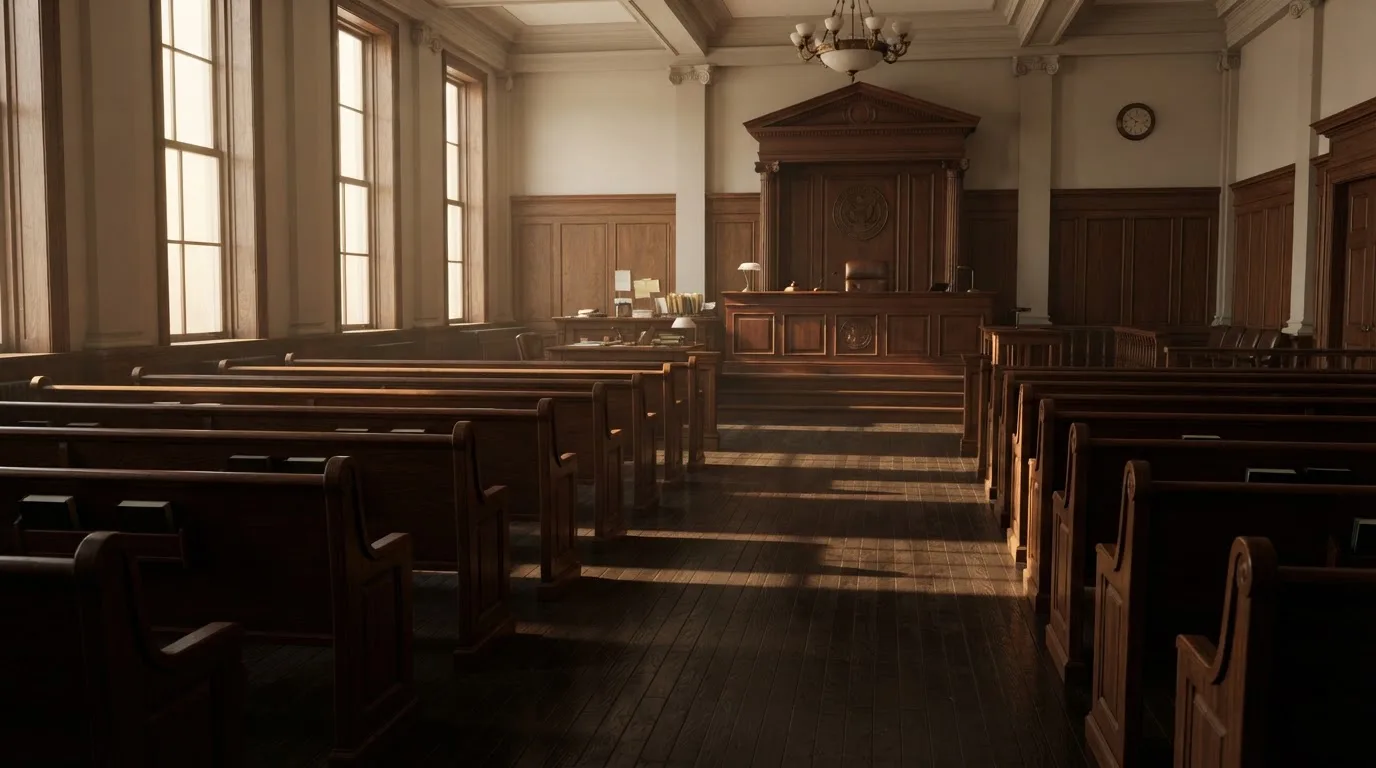 An empty courtroom with wooden benches in morning light