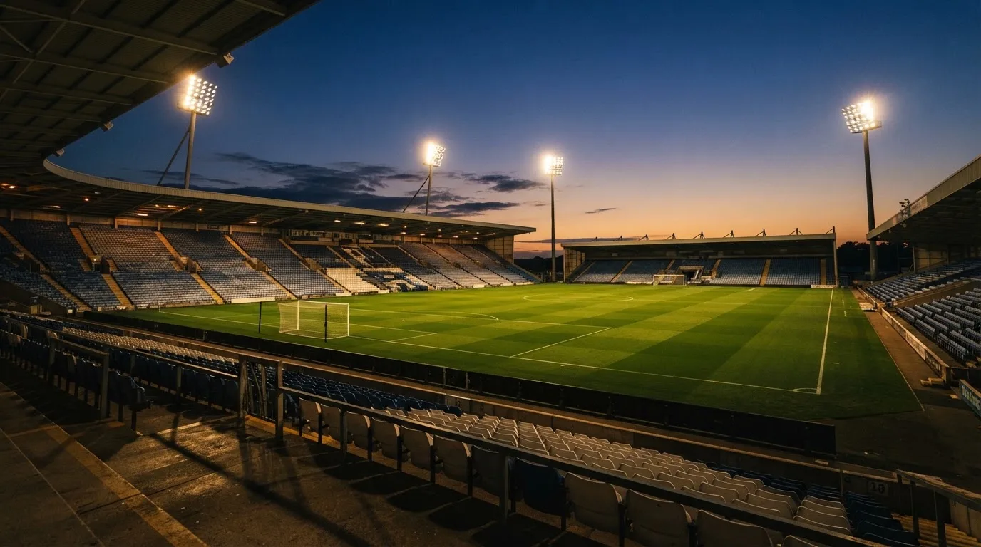 An empty football stadium with floodlight masts at dusk