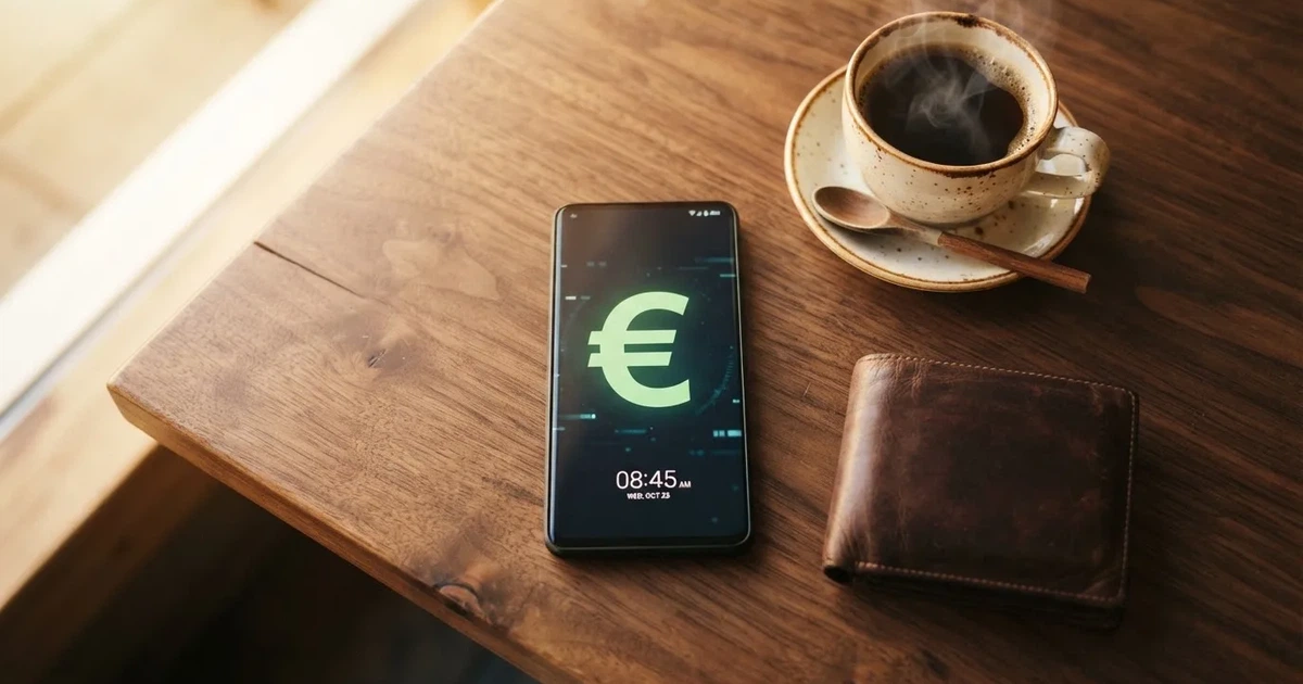 A smartphone on a wooden table beside a wallet and a coffee cup