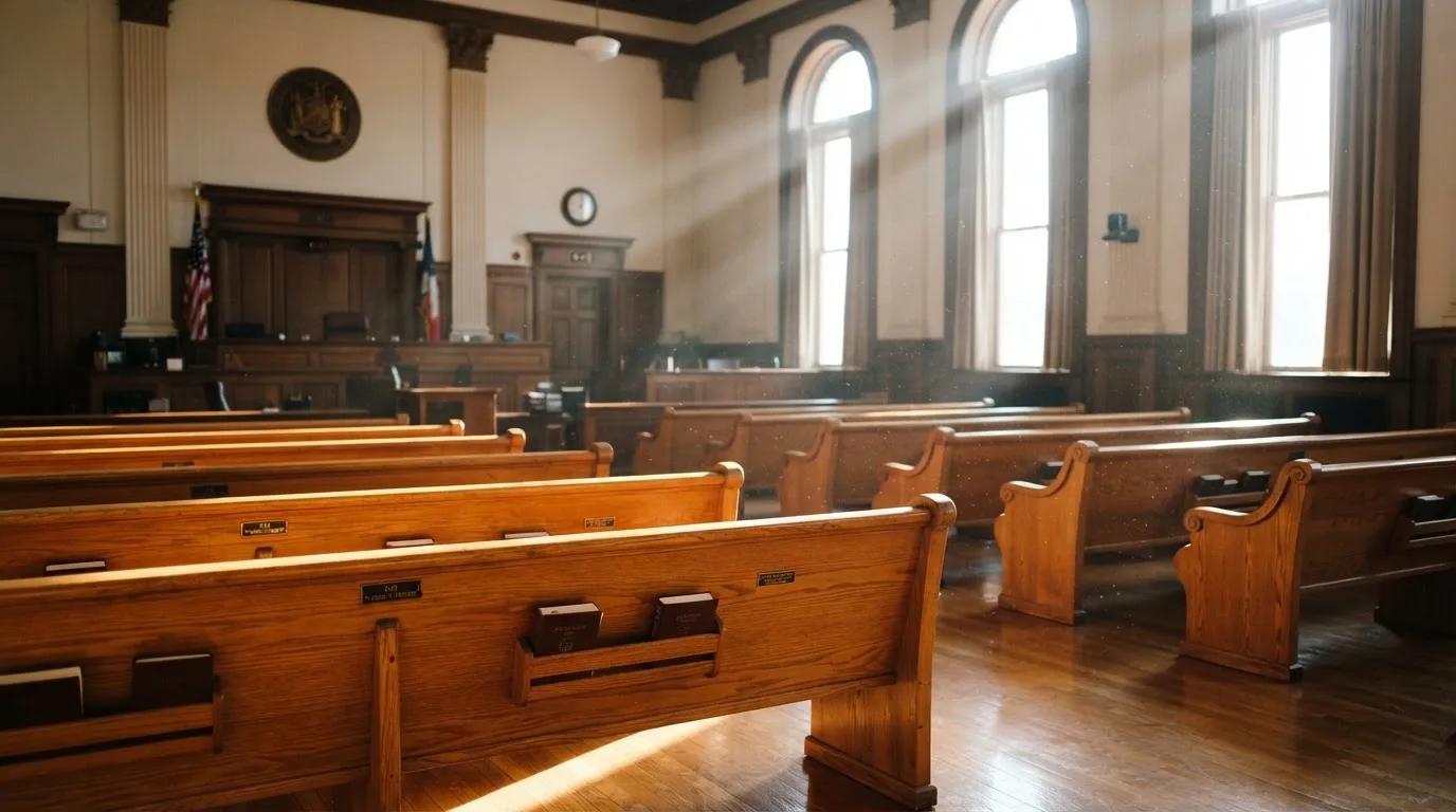 An empty courtroom with wooden benches in morning light