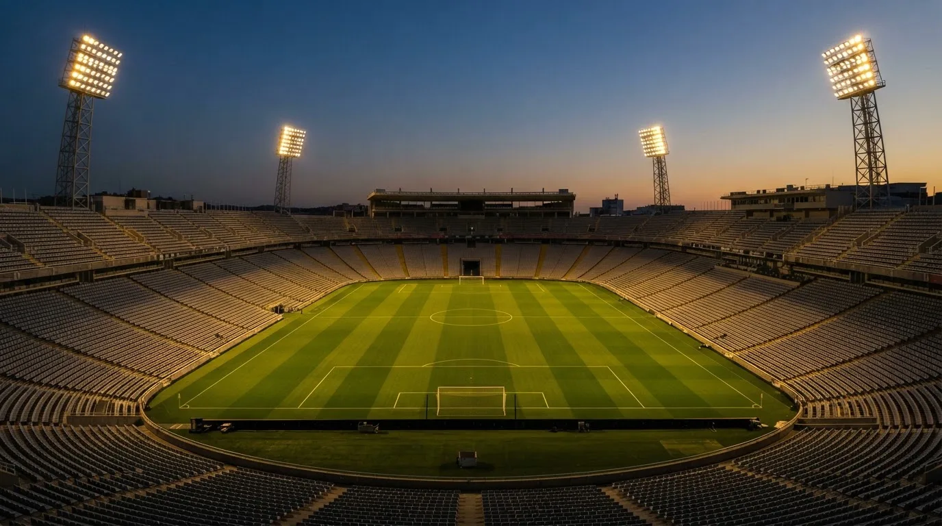 An empty football stadium with floodlight masts at dusk