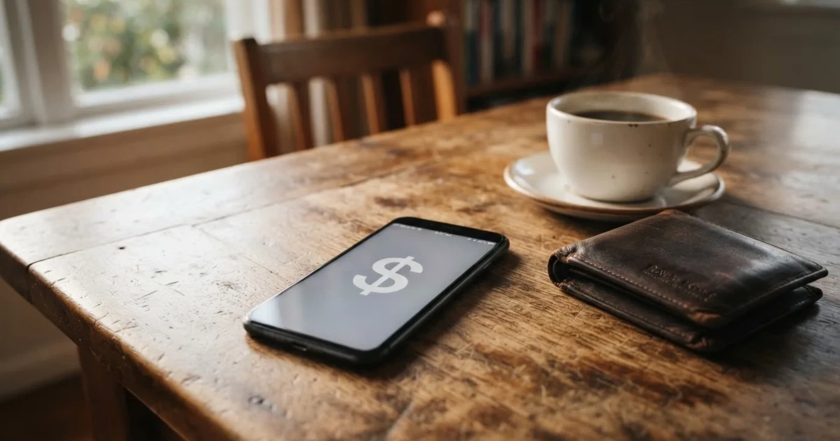 A smartphone on a wooden table beside a wallet and a coffee cup