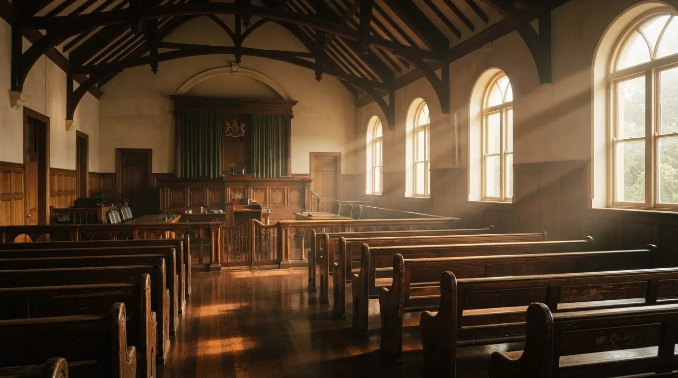 An empty courtroom with wooden benches in morning light