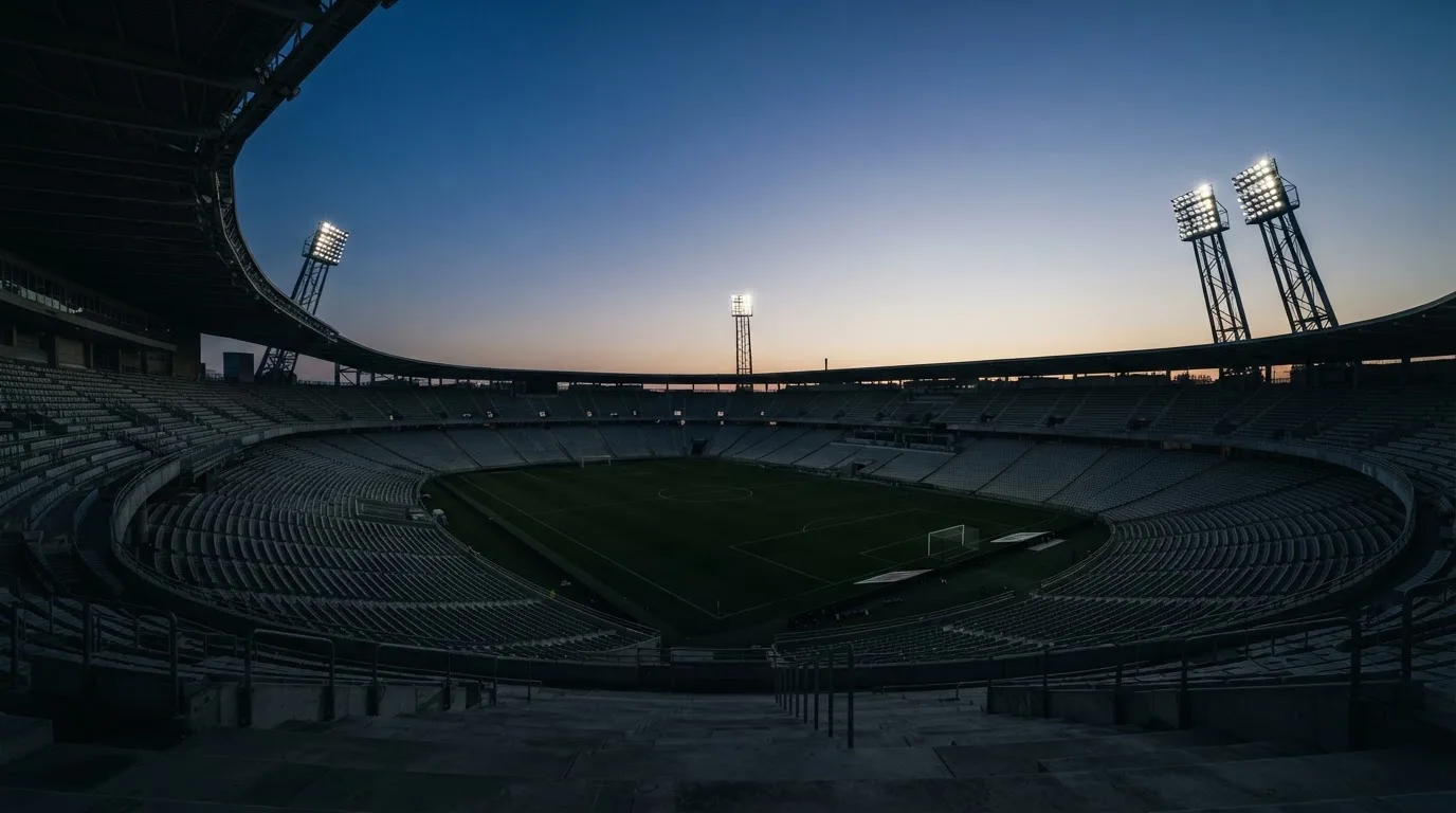 An empty football stadium with floodlight masts at dusk