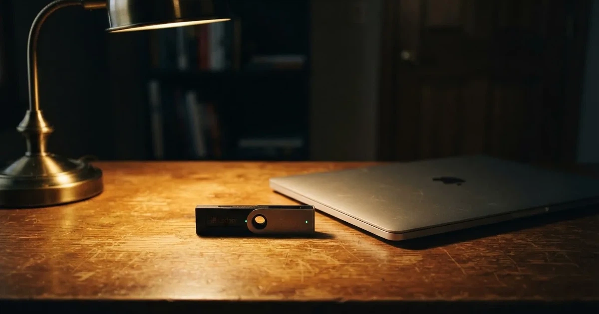 A hardware wallet and a closed laptop on a desk in dim light