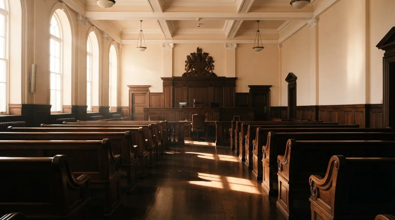 An empty courtroom with wooden benches in morning light