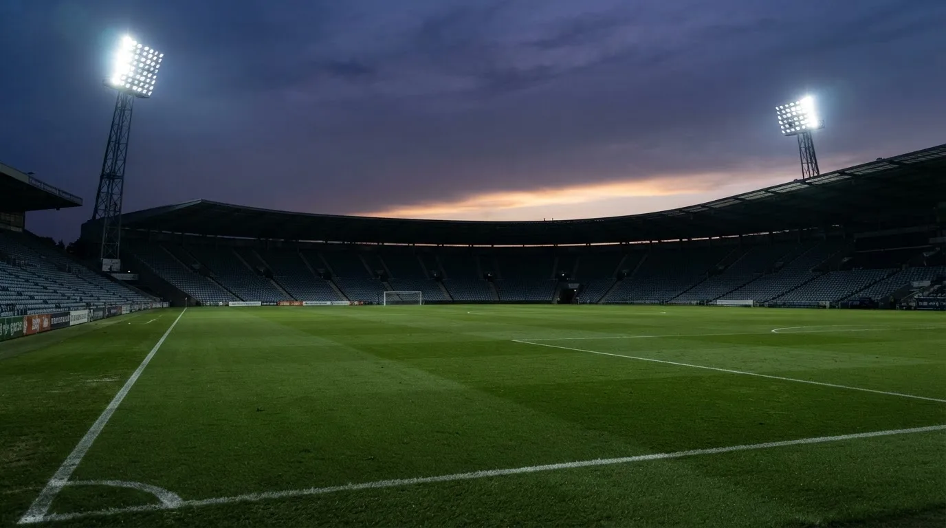 An empty football stadium with floodlight masts at dusk