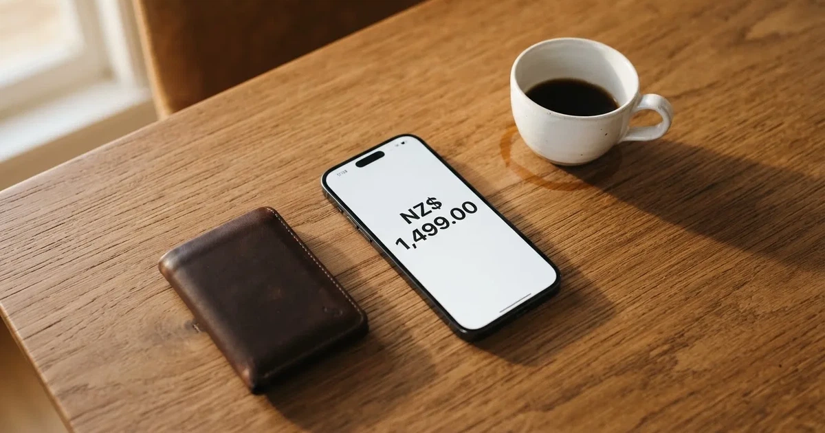 A smartphone on a wooden table beside a wallet and a coffee cup