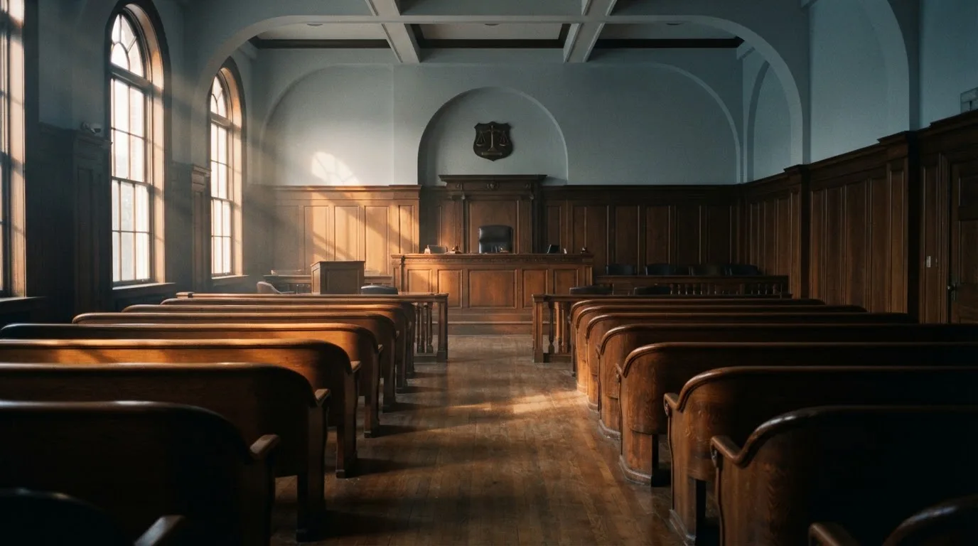 An empty courtroom with wooden benches in morning light