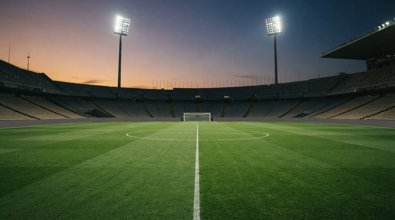 An empty football stadium with floodlight masts at dusk