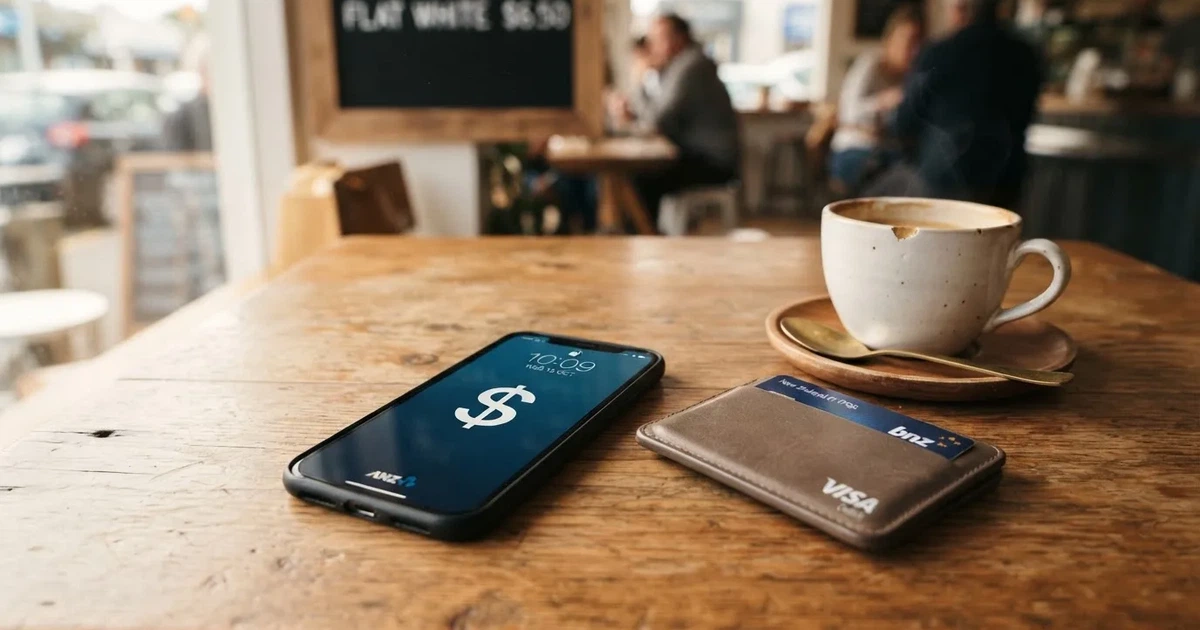 A smartphone on a wooden table beside a wallet and a coffee cup