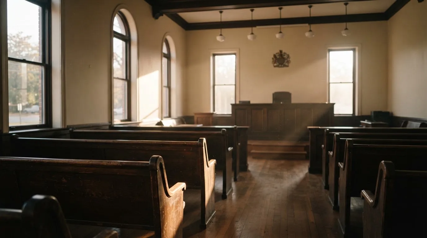An empty courtroom with wooden benches in morning light