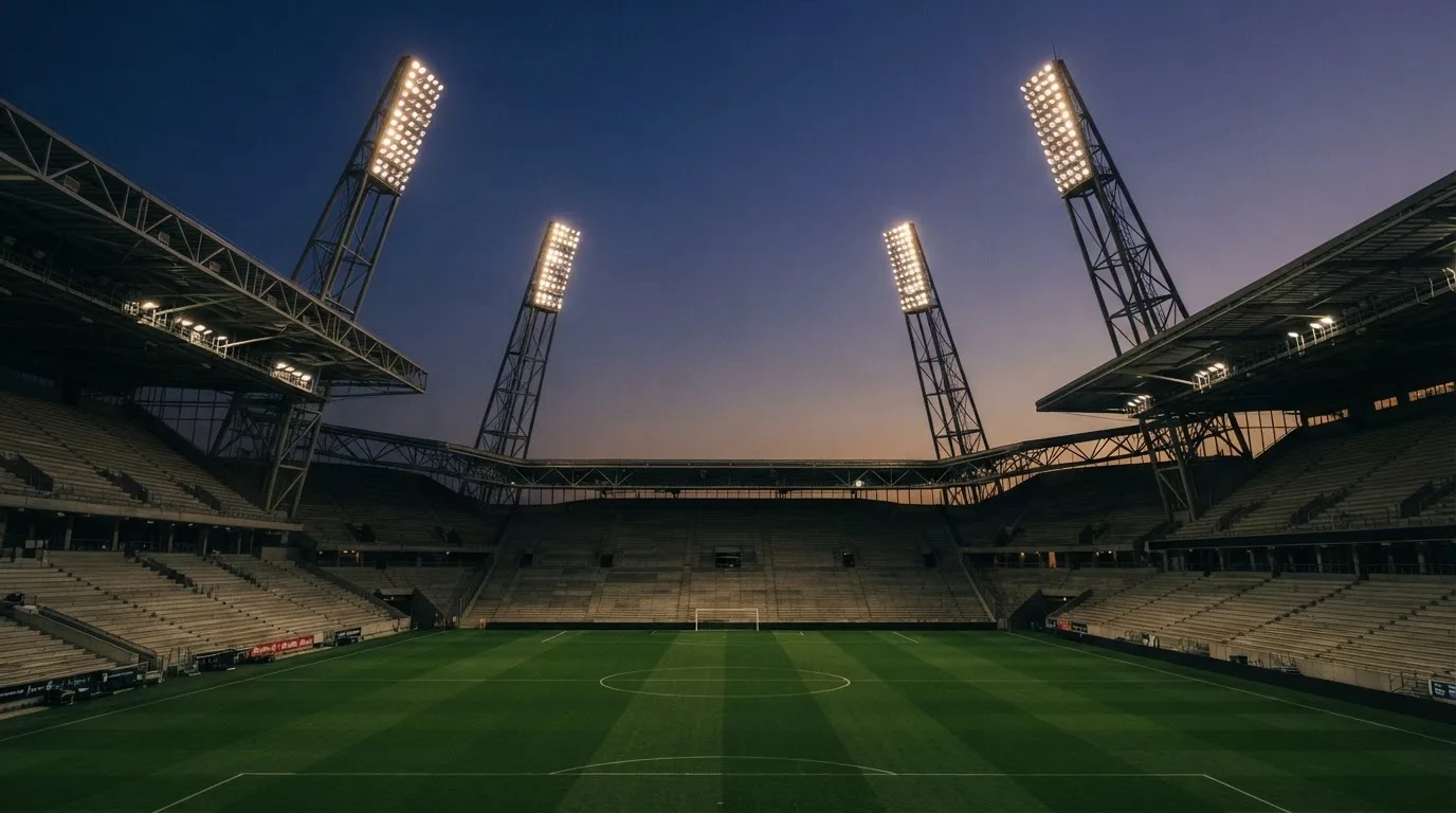 An empty football stadium with floodlight masts at dusk