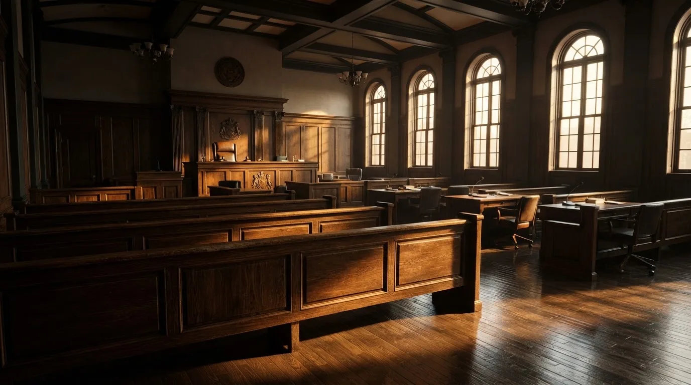 An empty courtroom with wooden benches in morning light