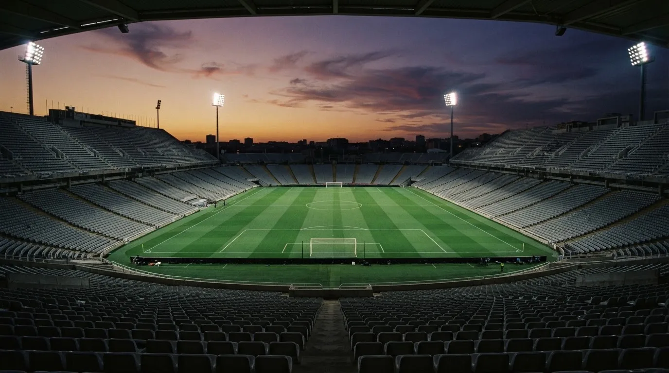 An empty football stadium with floodlight masts at dusk