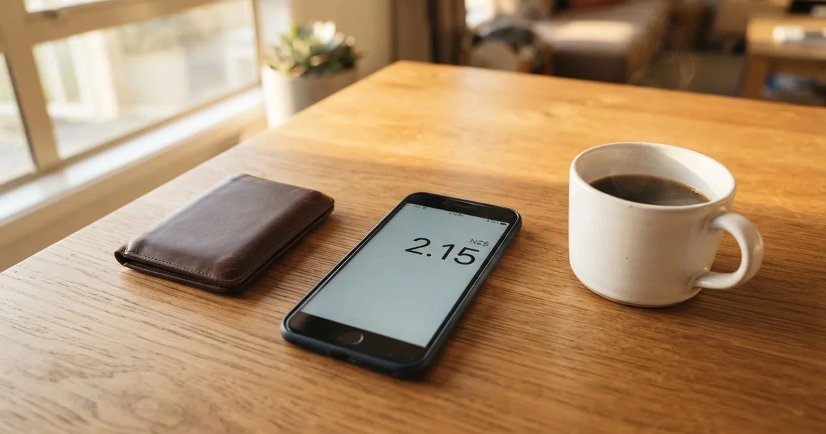 A smartphone on a wooden table beside a wallet and a coffee cup