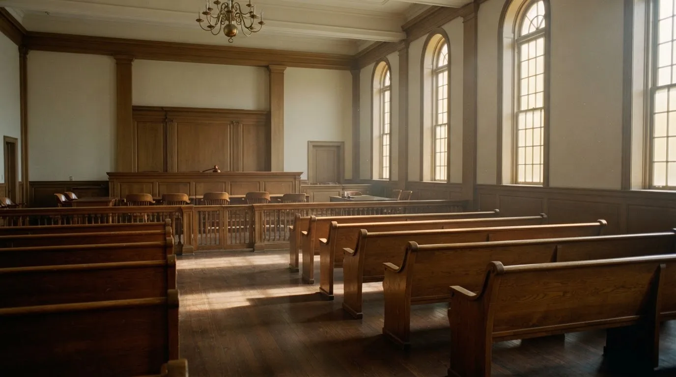 An empty courtroom with wooden benches in morning light