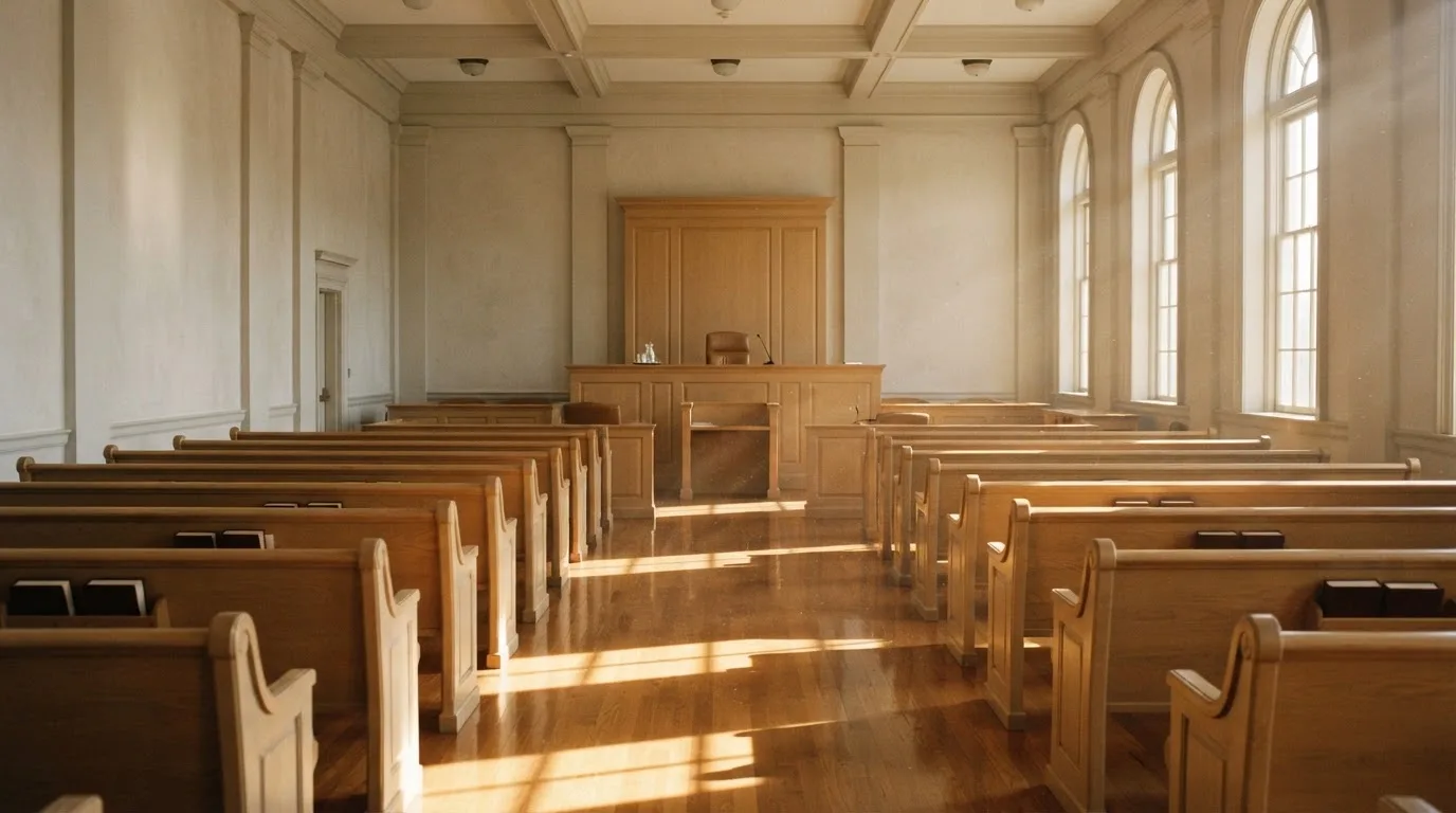 An empty courtroom with wooden benches in morning light