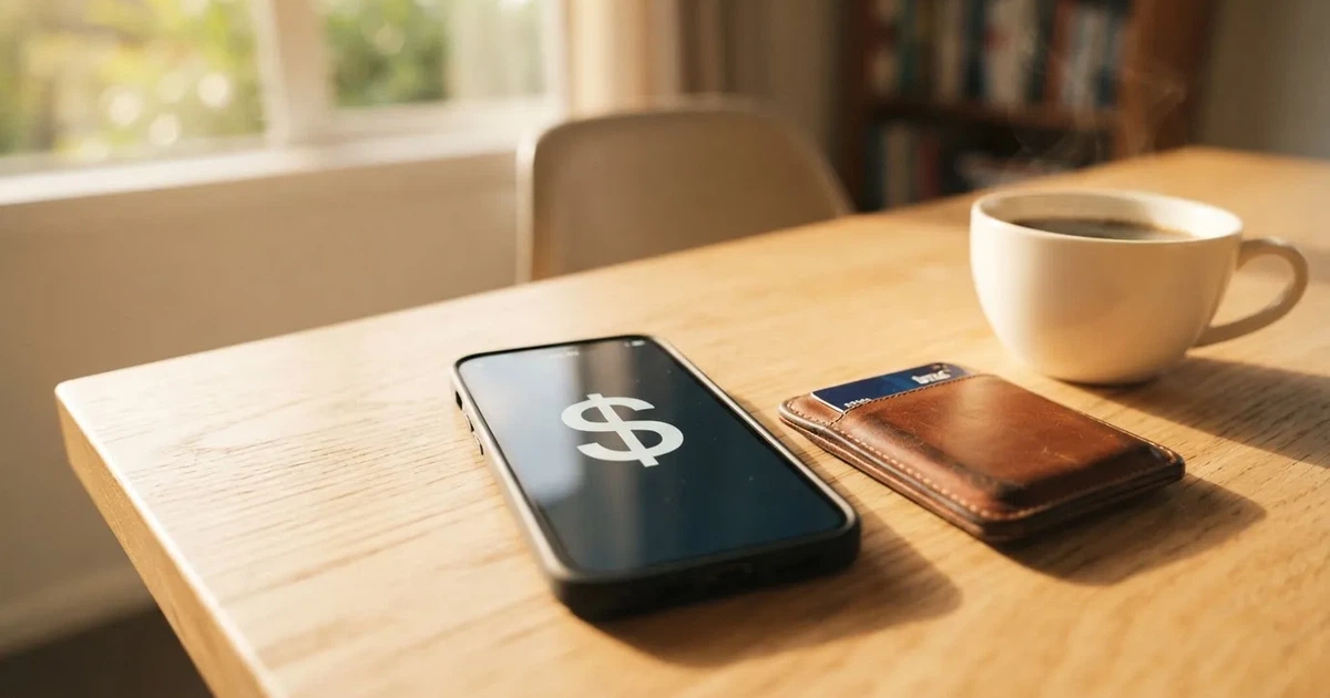 A smartphone on a wooden table beside a wallet and a coffee cup