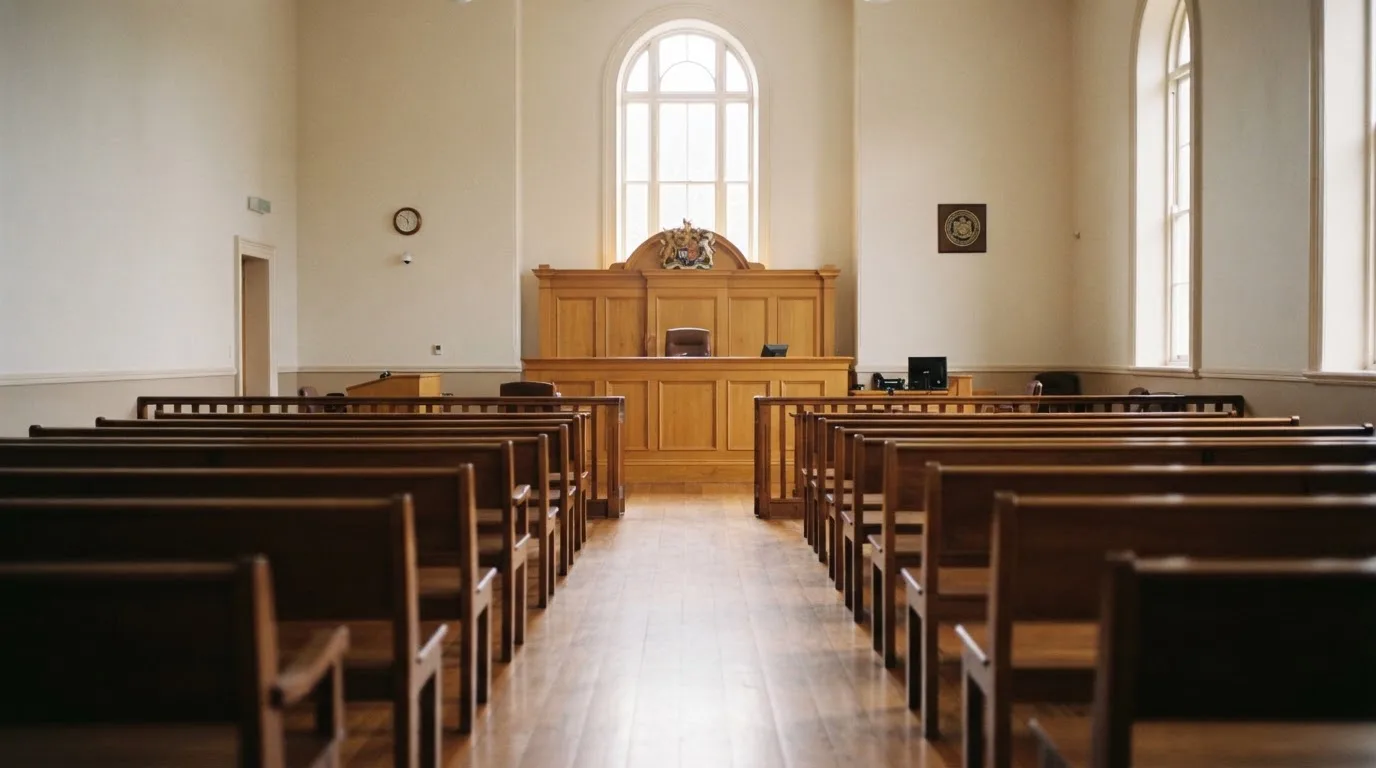 An empty courtroom with wooden benches in morning light